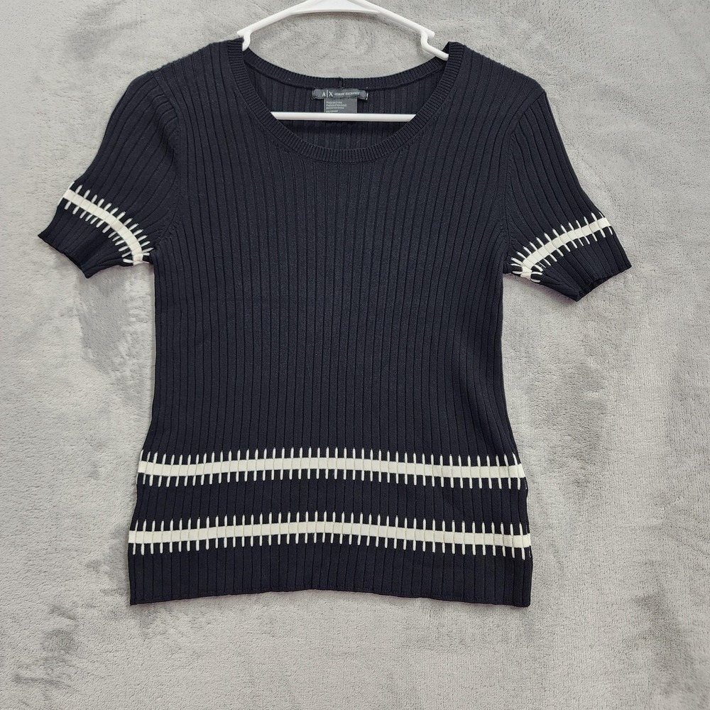 Vintage Armani Exchange Sweater Top Womens XS Black Ribbed Stripe Short Sleeve